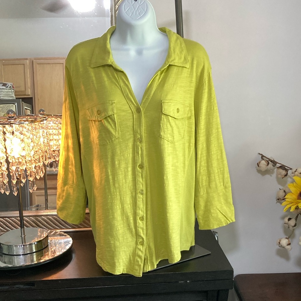 Caribbean Joe Green Relaxed 3/4 Sleeve Button Down